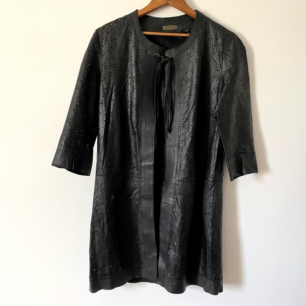 Italian Leather Duster Kimono Open Front Jacket, Pierced Cut Out Detail Black S